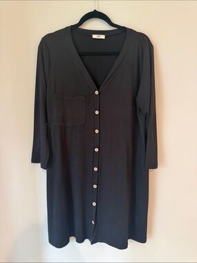 Black Button-Front V-Neck Dress